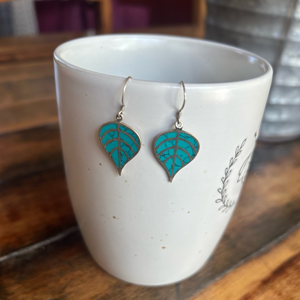 925 Sterling Silver and Turquoise Leaf French Hook Earrings.